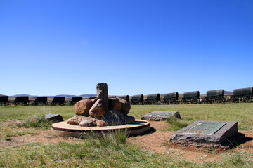 Photos of the Battlefield, wagons, and memorial stones at the  Blood River or Zulu War (16 December 1838) were fought on the bank of the Ncome River, in what is today KwaZulu-Natal, South Africa