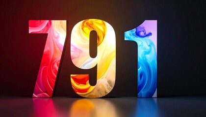 Numerals 7, 9, and 1, rendered with vibrant, swirling liquid effects against a dark, reflective backdrop