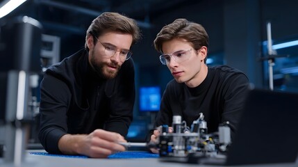 Two young professionals collaborating on a computer project, deeply engaged in coding, research, or problem-solving in a modern, tech-oriented office setting.