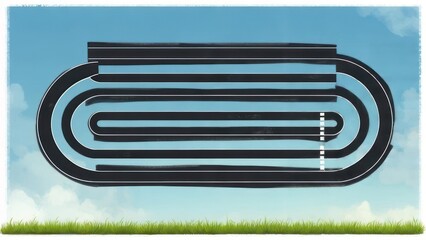 Dynamic aerial view of a running track under a bright blue sky, perfect for fitness campaigns or athletic events promoting speed and healthy competition