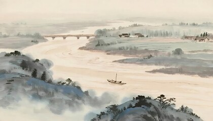 水彩風景画 川と橋と家のある風景