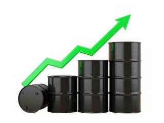 Black oil barrels stacked with a green upward trending arrow indicating market growth, isolated isolated on transparent background