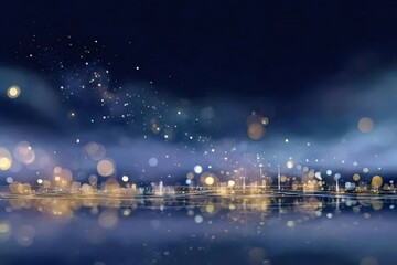 夜景都市輝く星屑背景に水面反射