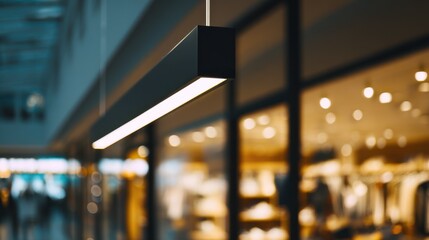 Medium shot of a sleek LED light fixture glowing warmly above a retail display sharply focused with the softly blurred background emphasizing energyefficient ambiance.
