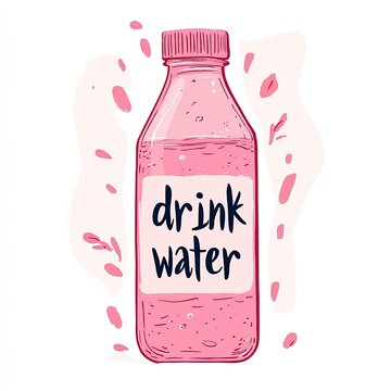 Pink plastic water bottle with "drink water" label, surrounded by blush-toned abstract shapes and splashes