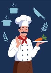 Vector illustration a chef holding a plate of carrots