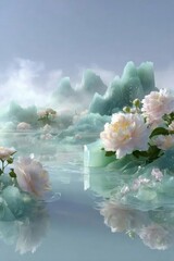 淡いピンクのシャクヤクとエメラルドグリーンの氷山