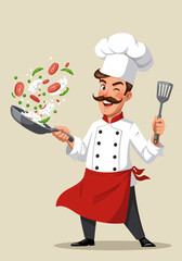 A energetic male chef in mid-action, cooking, vector illustration design