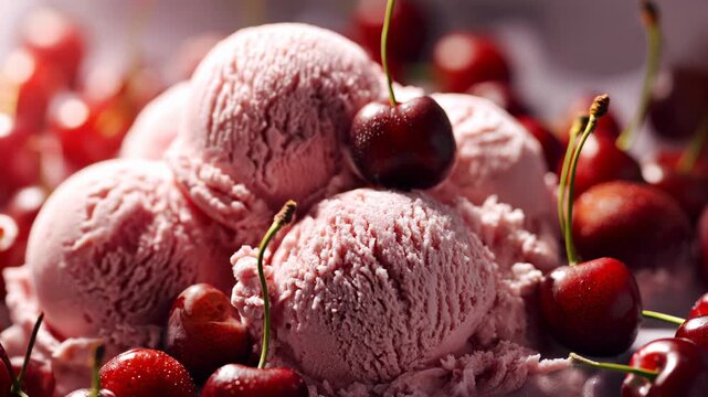 Cherry‑studded strawberry ice cream scoops fill a bowl, luscious texture and ruby fruit delivering premium dessert visuals for menus and packaging.