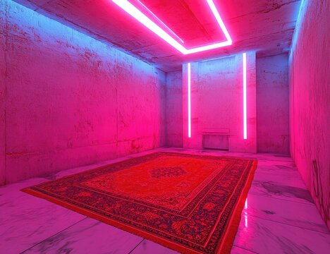 Neon-lit, concrete room with rug
