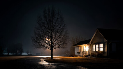 A desolate Christmas night, with one light shining in an otherwise dark house. Loneliness during Christmas holidays with copy space, holiday contrast, aging, and emotional storytelling