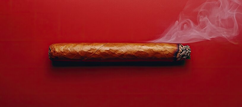 A cigar with smoke rising on a red surface