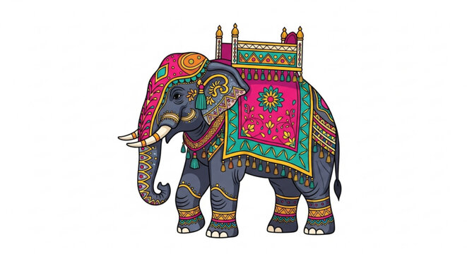 An ornate elephant illustration, adorned with vibrant colors and intricate patterns, showcasing traditional indian design elements