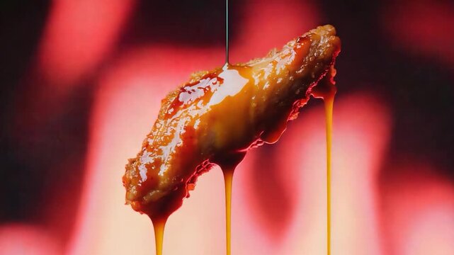 Close-up of a single, crispy, fried chicken wing drizzled with a rich, amber sauce