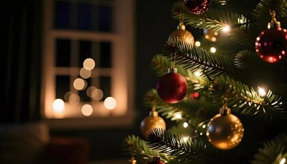 緑のクリスマスツリー 赤とゴールドのオーナメント付き