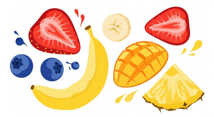 Colorful fruit illustration featuring banana strawberry blueberry mango and pineapple for healthy eating concept