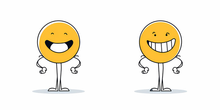 Smiling cartoon characters showing happiness with different facial expressions and postures in a simple design