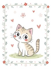 cat with heart, A simple drawing of a kitten with hearts and flowers in a frame