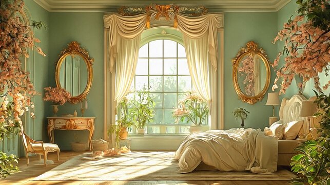 Create a rococo bedroom with ornate mirrors soft pastel hues and silk drapes blending opulence with a lighthearted aesthetic interior