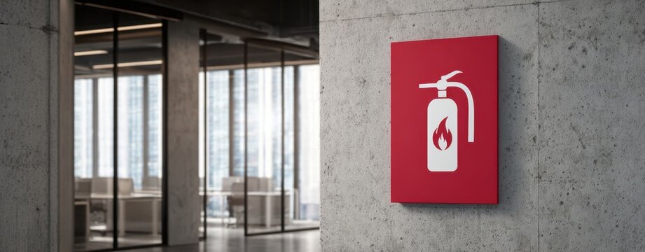 The Fire Extinguisher Sign on Concrete Wall in Modern Office Interior
