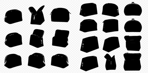 Silhouetted collection of cosmetic bags and small purses in various shapes and orientations against a checkered background. © Adji