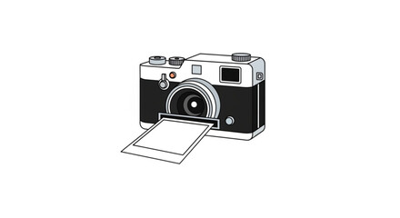 A vintage camera with a blank instant photo coming out, rendered in black and white it has a classic design