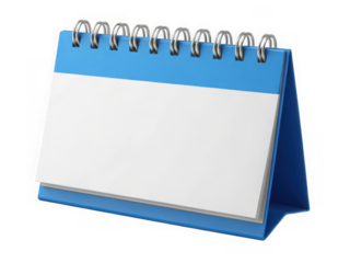 Blue desk calendar with blank white page and spiral binding, isolated on transparent background