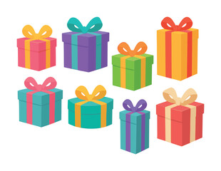 Colorful gift boxes with ribbons in various shapes and sizes on white background