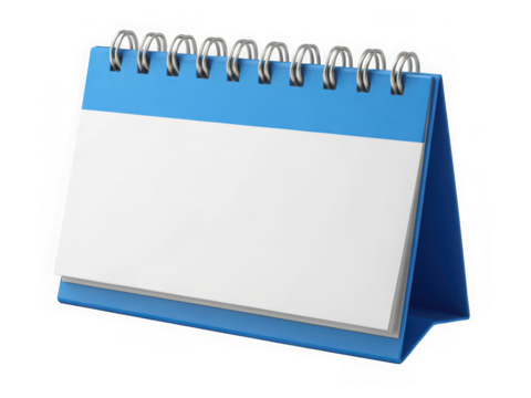 Blue desk calendar with blank white page and spiral binding, isolated on transparent background