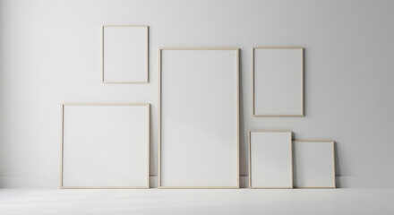 Set of multiple poster frames mockup standing in bright clean art studio with minimalist design