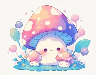 可愛いパステルカラーのキノコと花、白い背景
