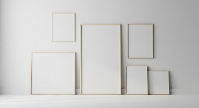 Set of multiple poster frames mockup standing in bright clean art studio with minimalist design