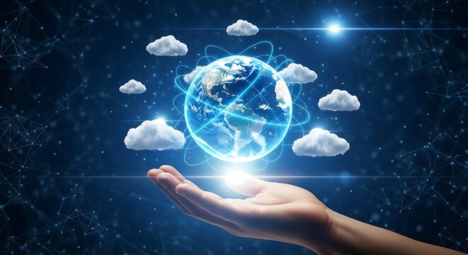 Hand holding a glowing earth with clouds and network connections, symbolizing global connectivity and cloud computing