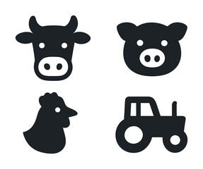 Farm animal icons and tractor silhouette set in black and white