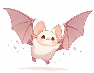 ピンク色の翼を持つ白いかわいいコウモリのイラスト