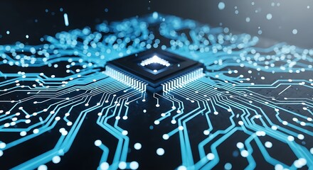 Closeup of a glowing blue central processing unit cpu on a circuit board with illuminated pathways
