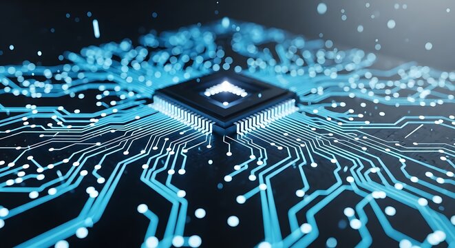 Closeup of a glowing blue central processing unit cpu on a circuit board with illuminated pathways