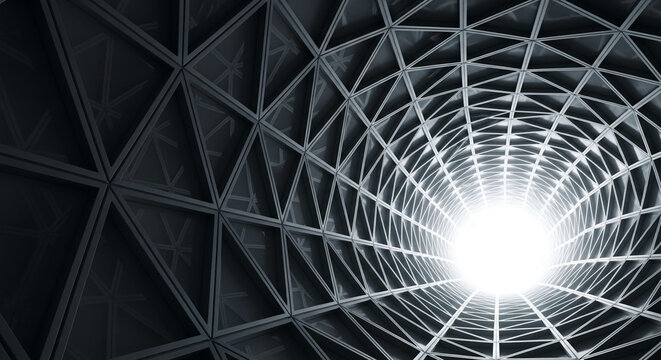 Abstract grayscale tunnel-like structure with repeating triangular shapes forming a vortex effect toward bright light source, symbolizing progress, innovation, and futuristic architecture
