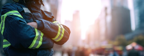 The Firefighter Standing Confidently with Folded Arms in a Sunlit Urban Street