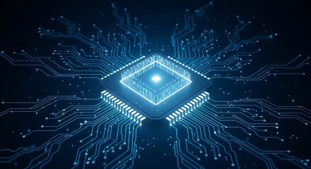 Abstract glowing blue microchip circuit board with intricate connections and central processor