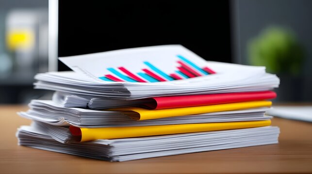 A stack of various documents, reports, and analytical charts piled on a desk, representing business data, research, and decision-making.