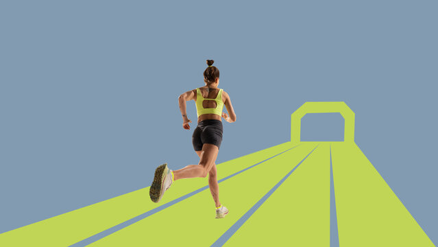 Creative collage. Female runner on neon green track sprinting toward futuristic tunnel. Concept of sports training, athletics branding, fitness campaigns, and digital advertising visuals.