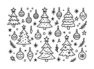 Hand-drawn christmas tree and ornament pattern in black and white