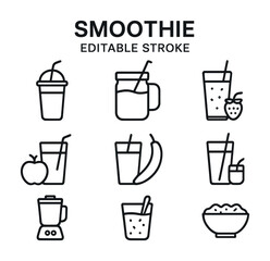 Smoothie icon set: blender, fruit, glasses, bowl with editable stroke design