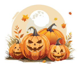 Classic autumn Halloween scene featuring three grinning jack-o'-lanterns, fall leaves, and a full moon background, perfect for holiday greetings	