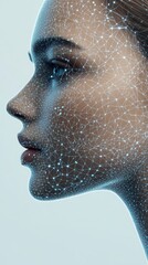 Face mesh network connection, digital data on profile view, technology concept, blue points and lines.