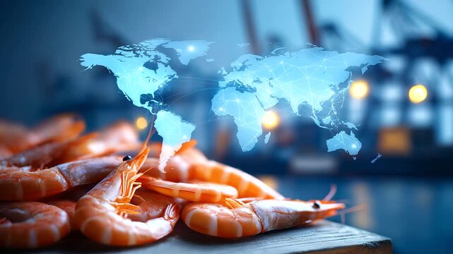 Frozen Seafood Textures in Macro Detail Frosted Shrimp and Cod on Pallets with Icy Sheen Symbolic Shipping Cranes and Containers in Background Soft Blue Lighting Illuminating
