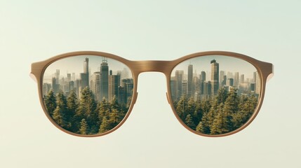 Eyeglasses reflect a bright future city skyline with green trees, symbolizing financial technology progress and clear vision for innovation and growth.
