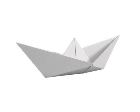 A minimalistic illustration of a white paper boat floating on a dark black solid background space scene on transparent background