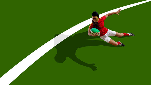 Collage of female rugby player in red jersey diving with ball on green field with strong shadow contrast. Concept of strength, empowerment, teamwork, sports branding, and lifestyle campaigns.